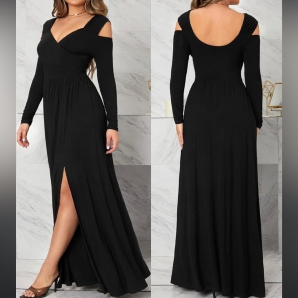 Luxe cold shoulder flowy party evening maxiI dress - Picture 2 of 2